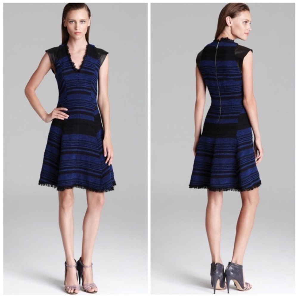 Rebecca Taylor Black & Blue Tweed Striped Fringe Fit‎ & Flare Cocktail Dress